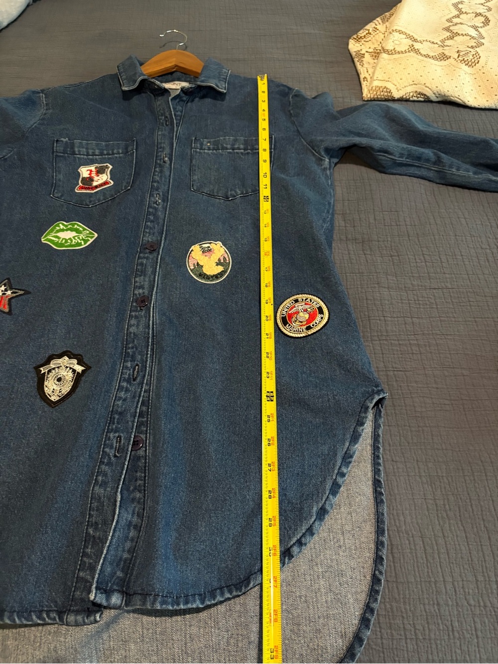 Retro Utility Denim Patch Button-Up Collar High-Low Festival Shacket - Boho - Picture 11 of 12